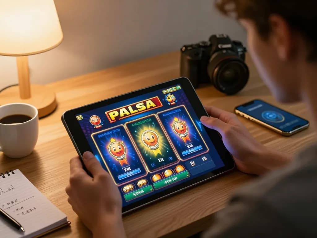 Pemain berinteraksi dengan permainan slot pulsa di tablet dalam suasana rumah yang nyaman, menampilkan gameplay yang menarik.