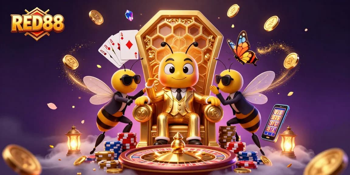 Engage with the fun at RED88 as a bumblebee mob boss in a lively 3D casino scene.