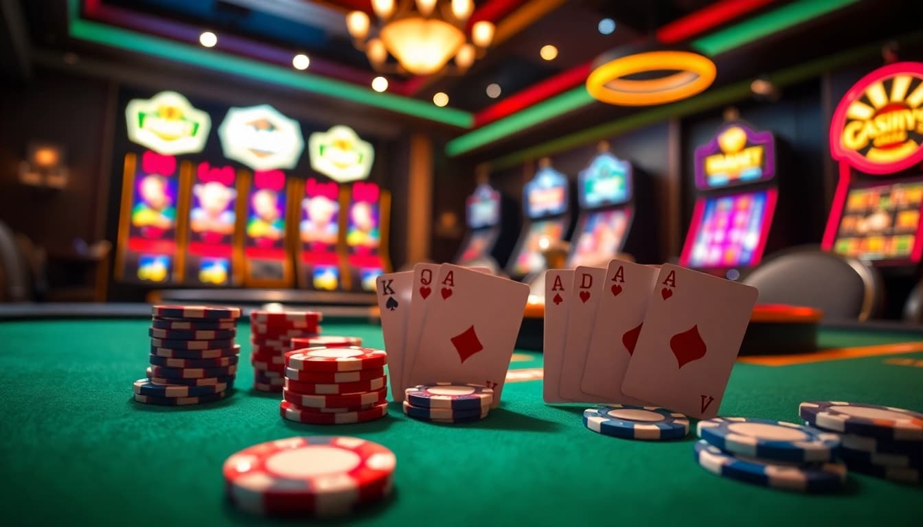 Experience high-stakes poker action at F8BET's luxurious casino, featuring vibrant poker chips and an illuminated roulette wheel.