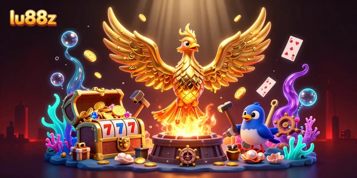 Experience thrilling adventures with lu88z in this vibrant slot-themed casino illustration.