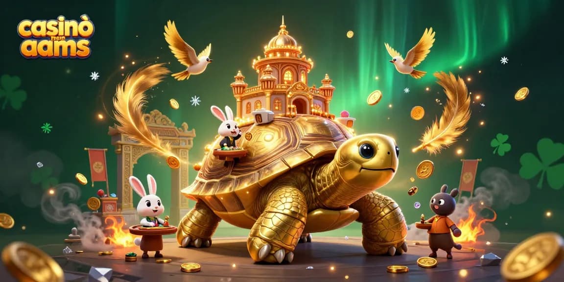 Partecipa a un gameplay emozionante nei casinò non AAMS con illustrazioni vivaci di una tartaruga e un dealer coniglio dorato.