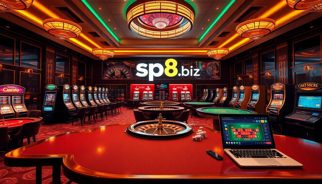 Experience excitement at https://sp8.biz/ with players enjoying table games and slot machines in a vibrant casino.