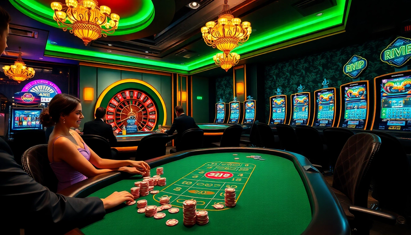 Excited players experiencing high-stakes poker at Rikvip casino, enjoying vibrant gameplay and luxury.
