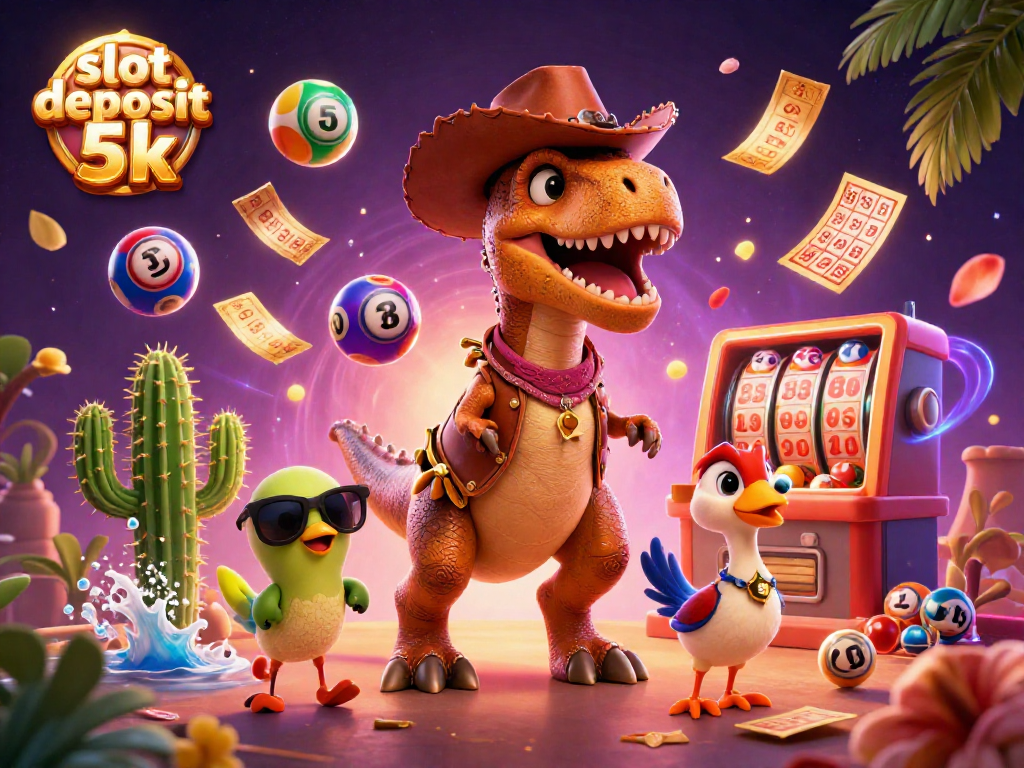 Engage with slot deposit 5k action in a vibrant 3D casino scene featuring a T-Rex, cactus, and roadrunner.