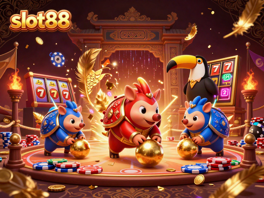 Engage in thrilling gameplay with slot88 as colorful pangolins roll golden balls amid poker chips.