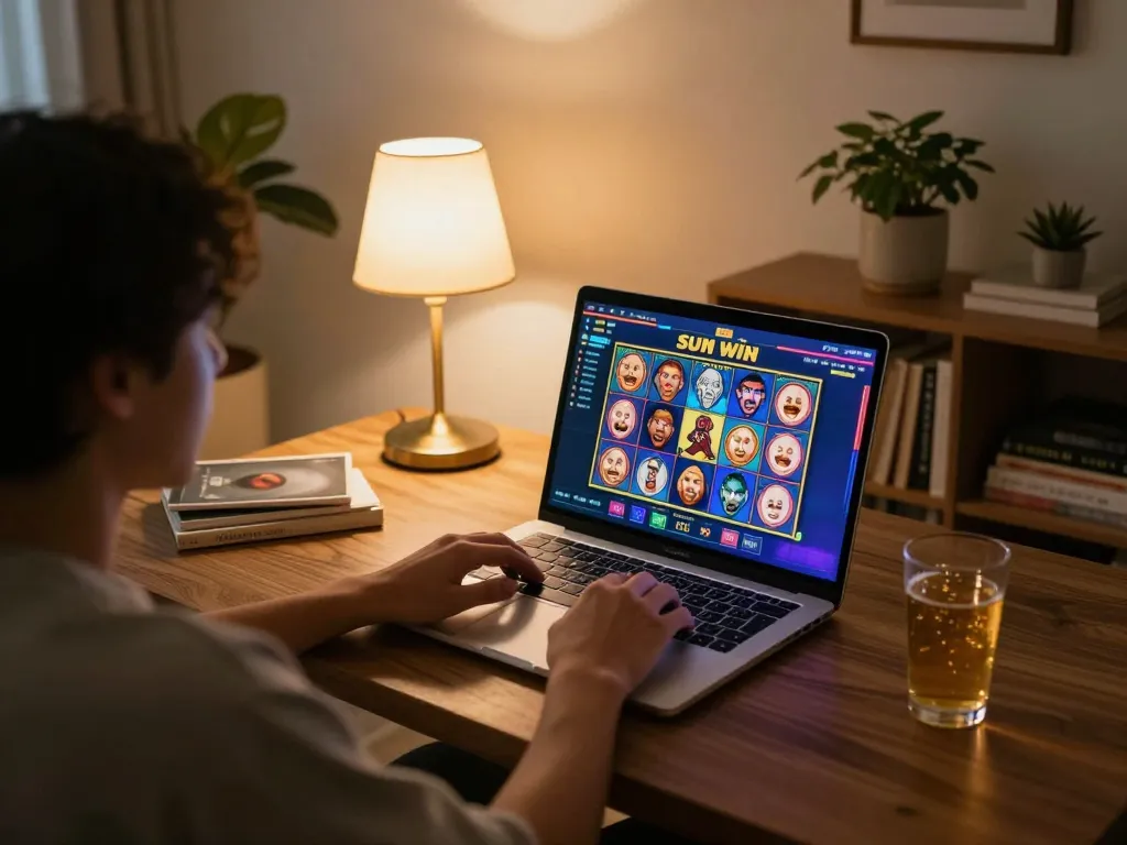 Engaging in sun win casino games on a laptop with vibrant slot visuals.