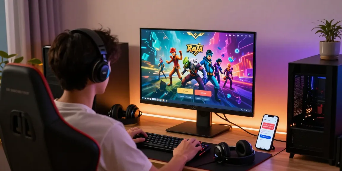 Raja Game login interface displayed on a computer screen in an immersive gaming setup with vibrant decor.