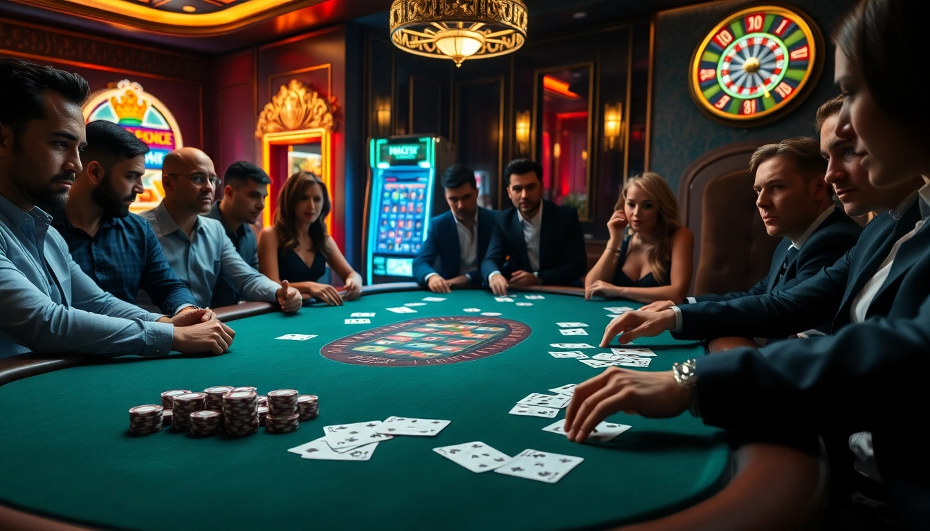 Engaged players at a GO8-themed poker table, showcasing high-stakes gameplay in a luxurious casino.