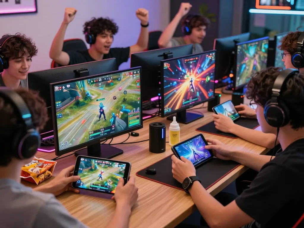 Engaging gaming environment with players enjoying Game tv88 on various devices, showcasing excitement and dynamic gameplay.