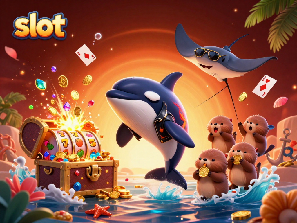 Experience thrilling slot excitement with an orca, stingray, and otters in an underwater treasure scene.