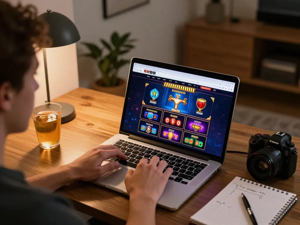 Engaging with RR88 online casino games on a laptop during a cozy home gaming session