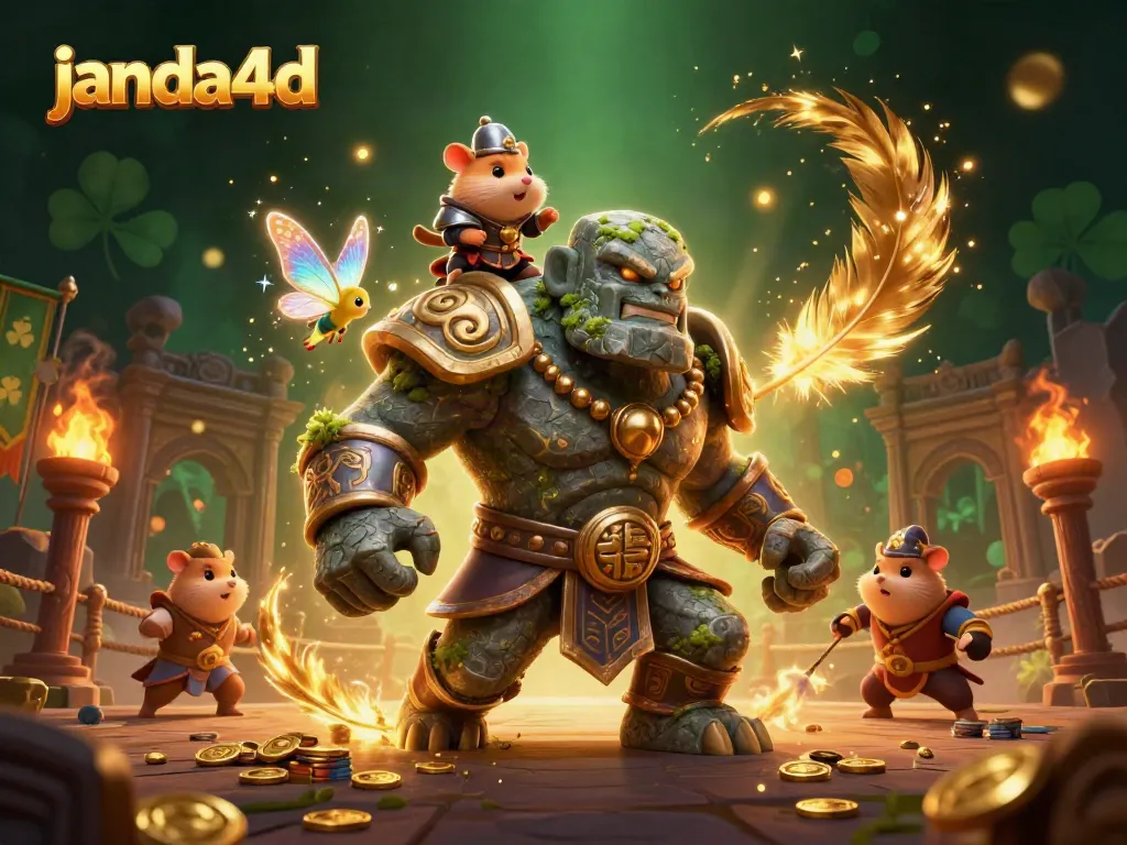Menangkan permainan dengan janda4d, golem pengawal, dan si peri di arena perjudian yang dramatis.