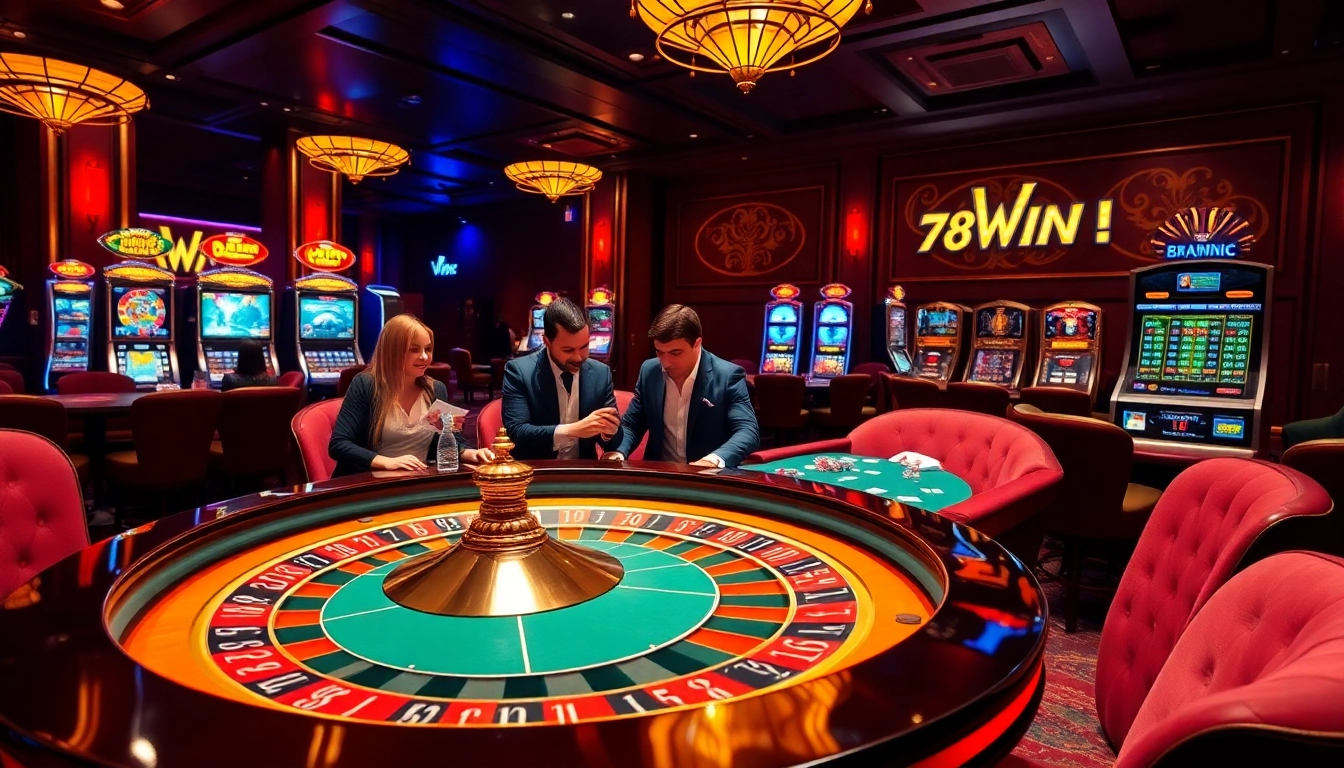 78WIN features a luxurious casino scene with excited players at a roulette table and engaging online interface.
