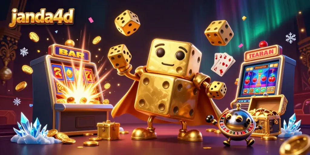 Janda4d menghadirkan suasana kasino digital yang asyik dengan simbol slot dan dadu emas.