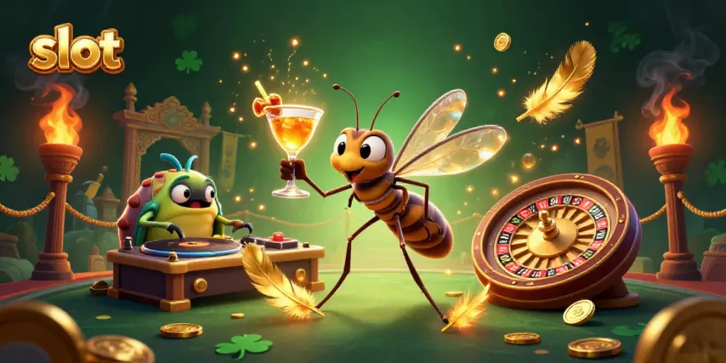 Spin slot reels with a vibrant 3D scene featuring playful characters and golden casino elements.