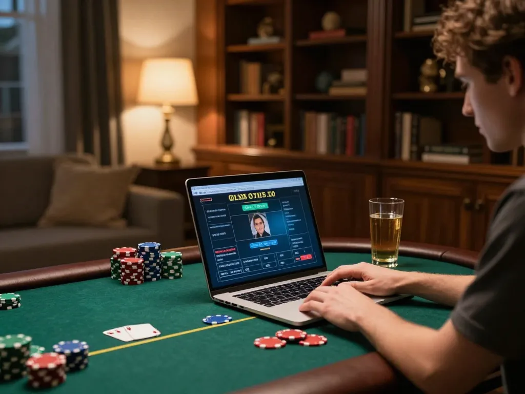 KDTOTO player strategizing during an online poker game at home, showcasing an engaging gaming atmosphere