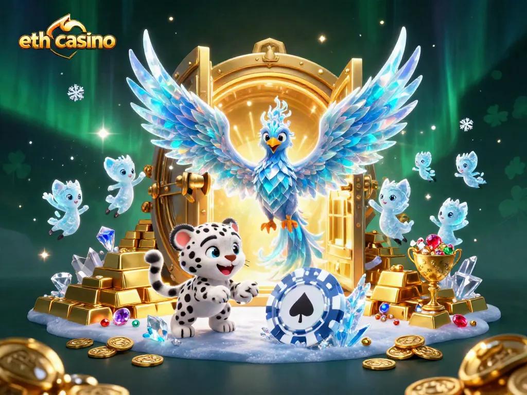 Experience thrills at eth casino with an enchanting ice phoenix and treasure-filled scene.