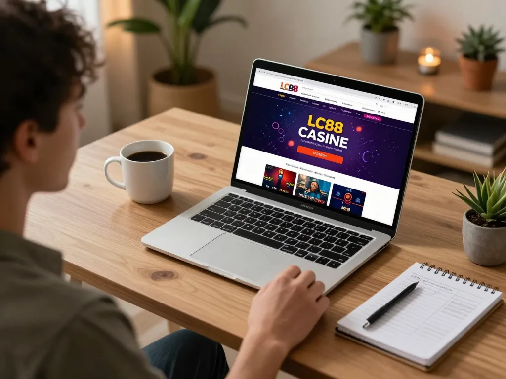 Person engaged in online gaming on LC88 casino site, showcasing a modern workspace setup with strategy notes.
