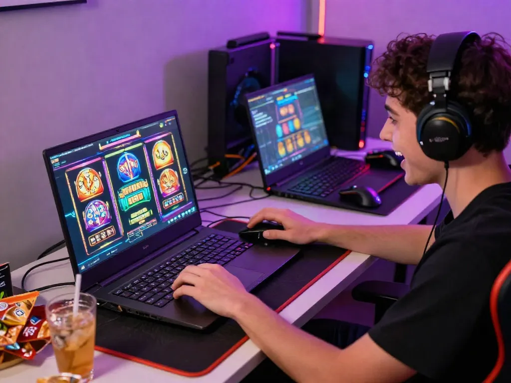 A person excitedly plays akunjp slot games on a laptop in a colorful gaming setup.