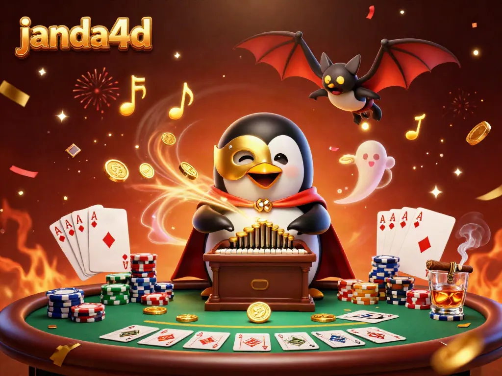 JANDA4D menghadirkan penguin fantasi bermain organ dengan koin emas terbang dan suasana meriah yang penuh aksi.