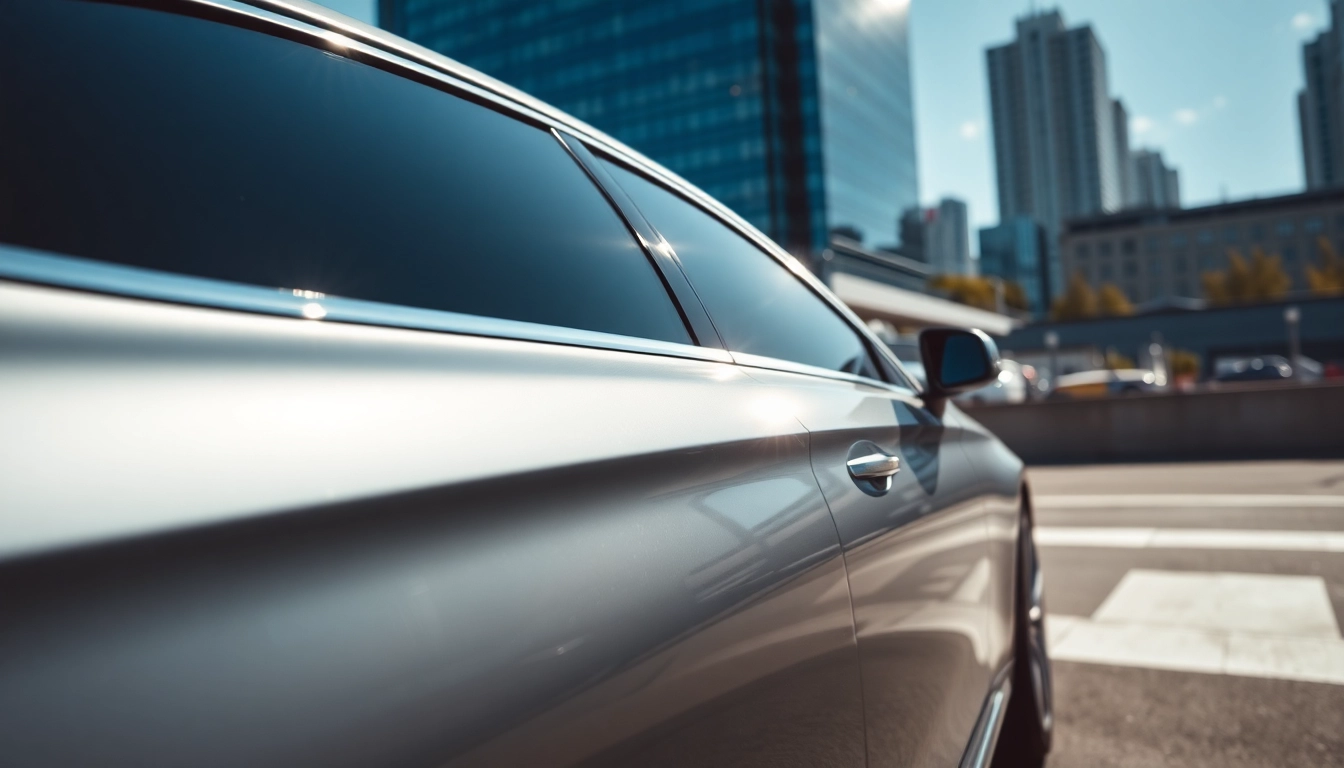 Find high-quality window tint near me on a sleek car in an urban environment.