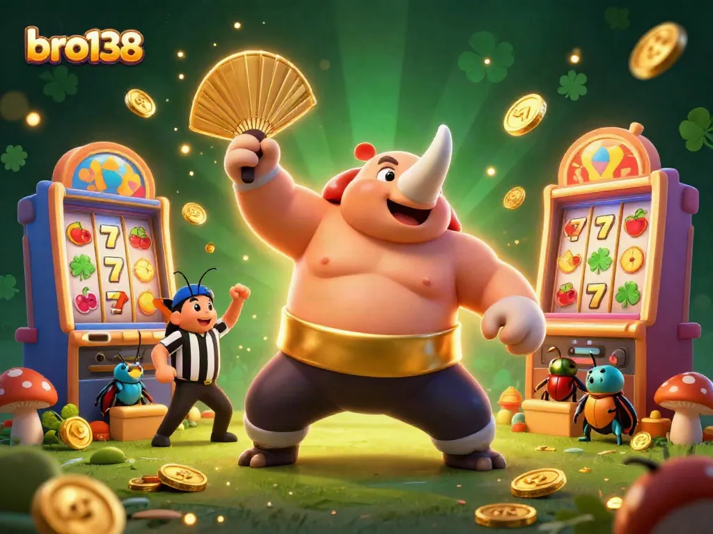 Experience the excitement of bro138 with a vibrant casino illustration showcasing a sumo champion beetle.