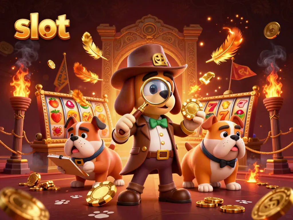 Engaging scene of a detective bloodhound examining a poker chip in a vibrant slot casino setting.