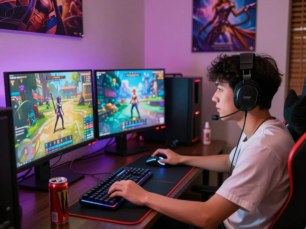 Young adult engaged in playing porngames on multiple screens in a vibrant gaming setup.