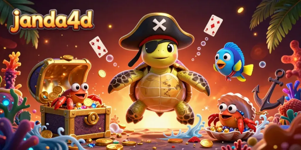 Memenangkan slot online di JANDA4D dengan ilustrasi kura-kura bajak laut dan harta karun bawah laut