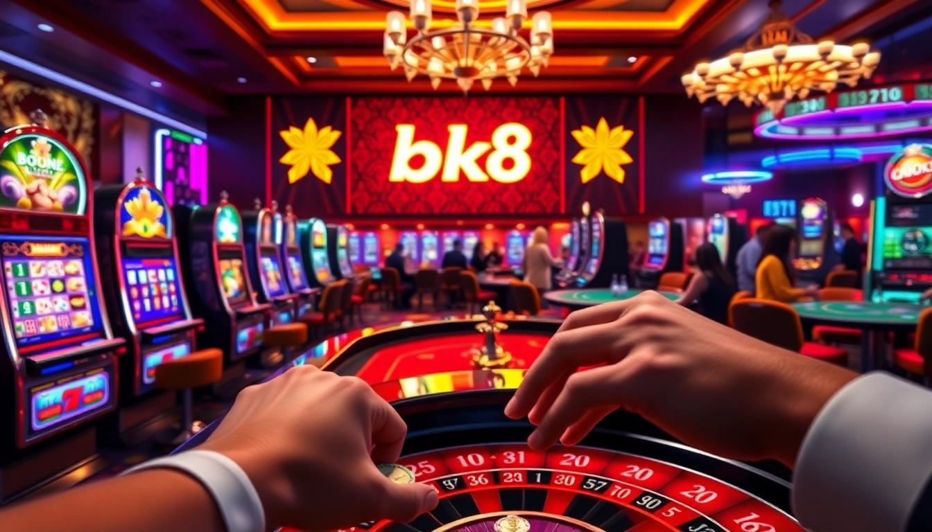 Excited gamblers engaging with games while promoting the สมัครสมาชิก bk8 platform for online casino enthusiasts.