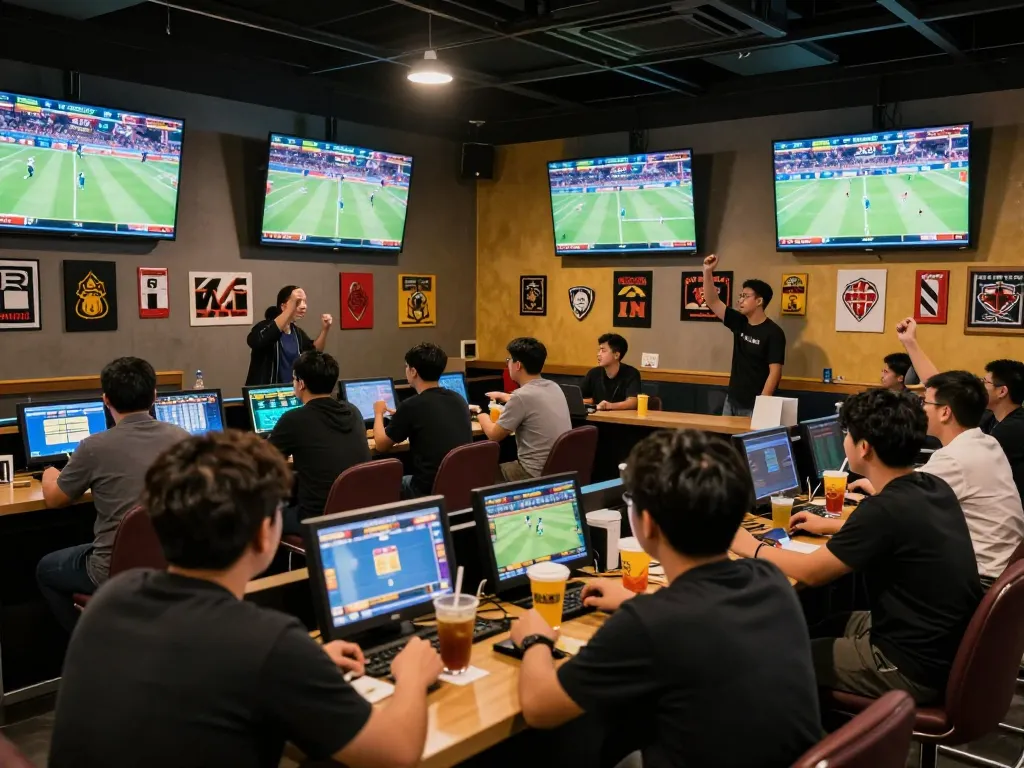 Experience sports betting action with tỷ lệ kèo nhà cái 5 in a vibrant lounge filled with fans.