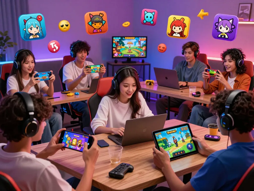 Engaging characters playing diverse sex games on smartphones and tablets in a vibrant gaming lounge.