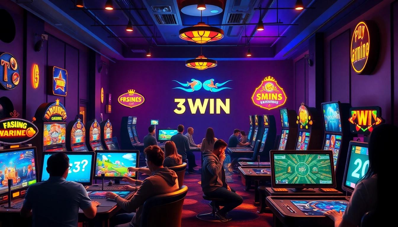 Exciting gaming lounge scene showcasing 3WIN players enjoying casino and fishing games.