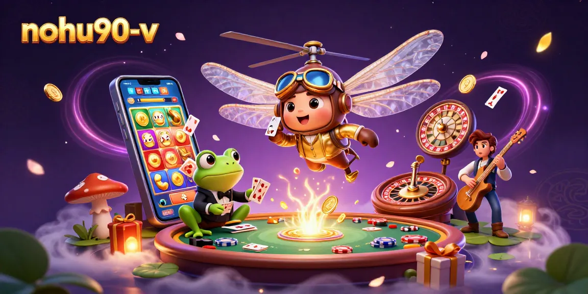 Navigate thrilling spins and jackpots with nohu90-v's vibrant casino scene featuring diverse characters and games.
