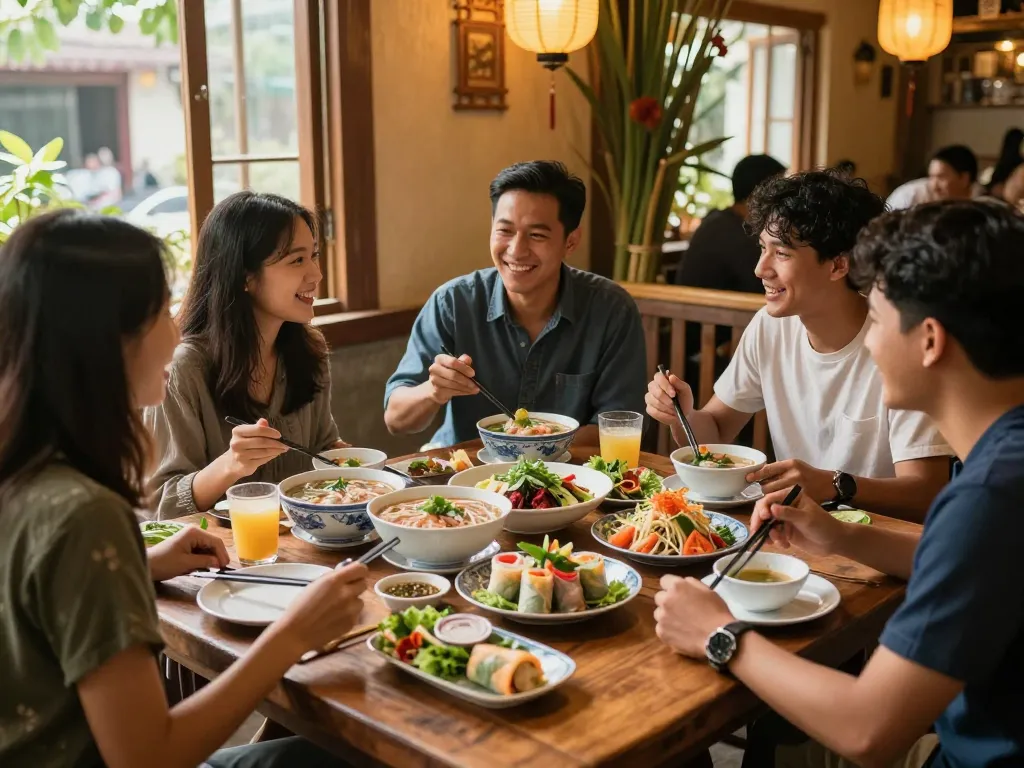 Delicious Vietnamese dishes from https://www.saigoncafesterling.com/menus enjoyed by friends in an inviting restaurant setting.