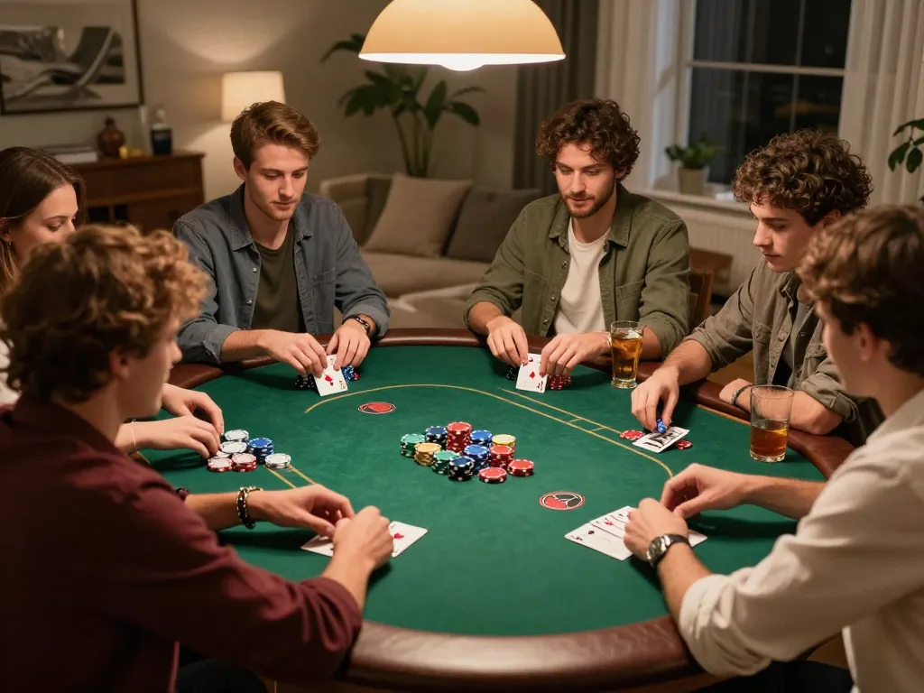 KONG88 poker night with friends showcasing vibrant chips and drinks in a welcoming home setting