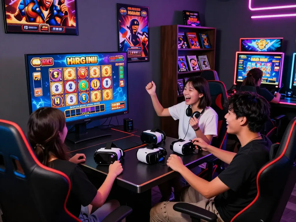Exciting group gaming session celebrating a slot gacor hari ini win with vibrant lighting and immersive atmosphere.