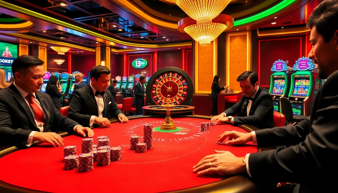 Experience high-stakes gaming at 13Win's immersive casino scene with poker tables and roulette wheels.