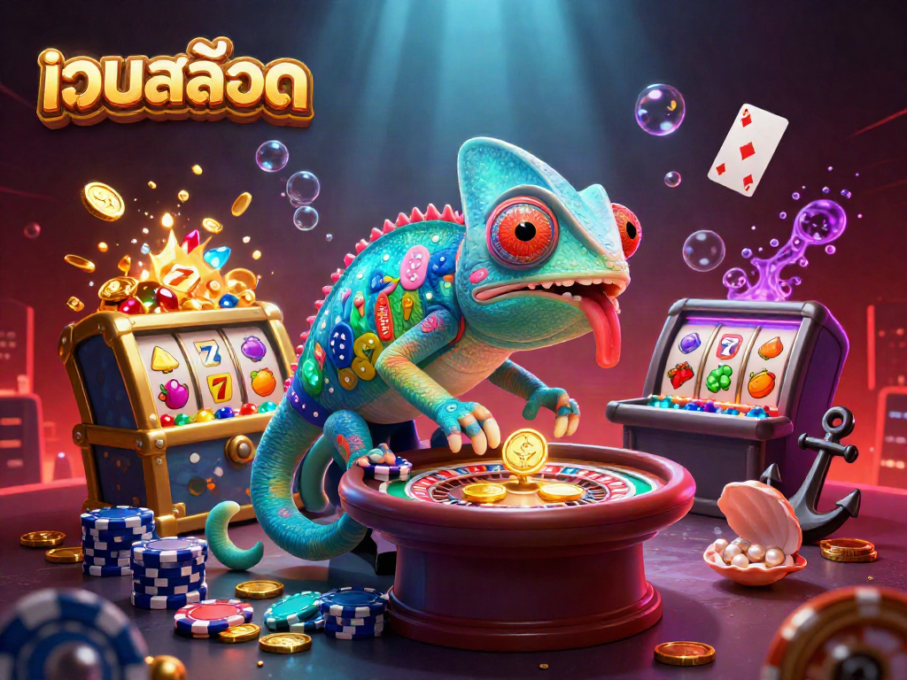 Spin the reels and win big at เว็บสล็อต with our vibrant casino illustration showcasing a chameleon dealer.