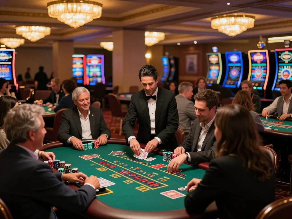 Live Casino atmosphere with players engaged in blackjack and roulette, showcasing excitement and vibrant decor.