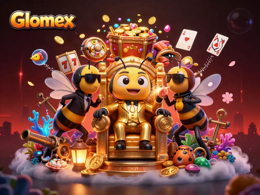 Glomex ignites excitement with dynamic slot reels and a cartoon mob boss in a vibrant casino setting.