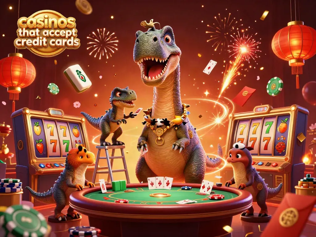Exciting scene showcasing casinos that accept credit cards with a brontosaurus and raptor dealing cards amidst vibrant casino elements.