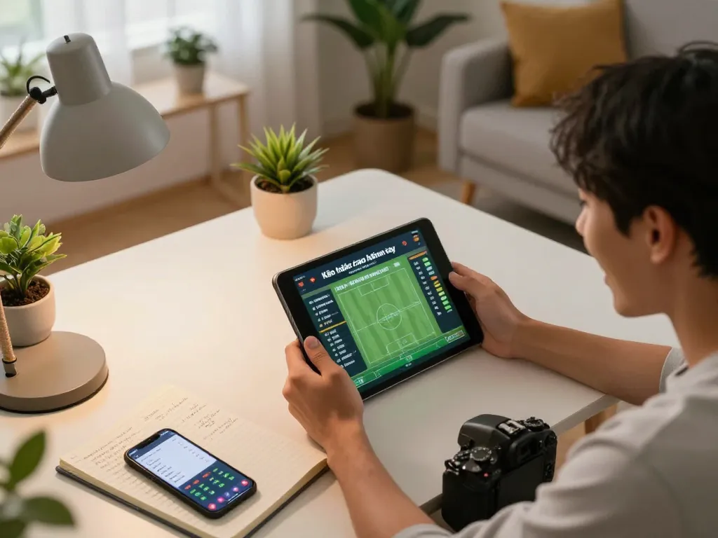 Kèo nhà cái hôm nay shows a player actively engaging in online betting with tablet.