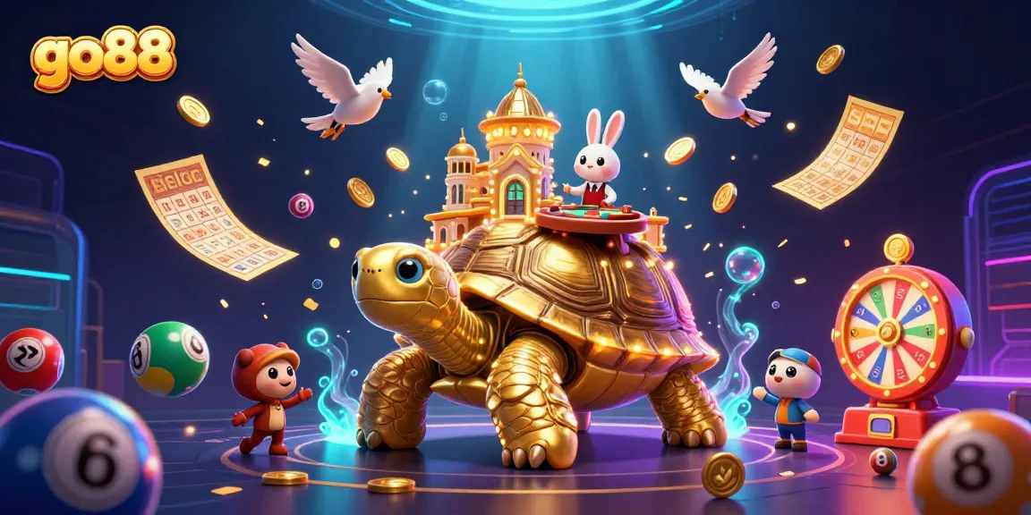 Engage with go88’s dazzling online casino features in an ultra-detailed illustration showcasing a giant tortoise casino.
