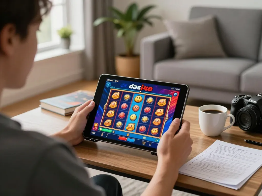 Memainkan dasi4d slot di tablet di ruang tamu yang nyaman dengan catatan strategi permainan