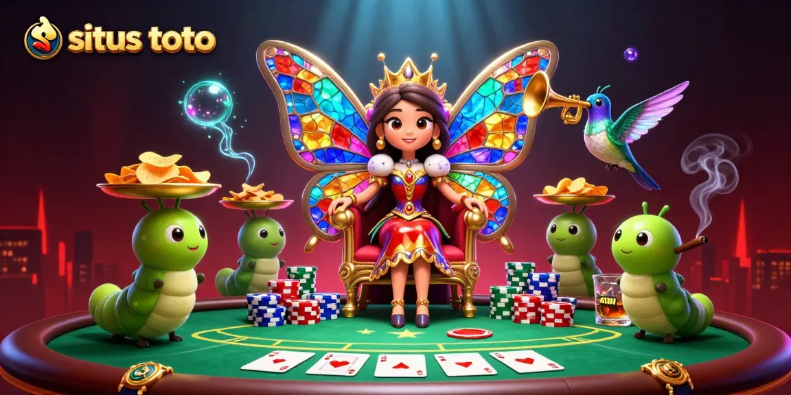 Engage with situs toto through a vibrant illustration of an enchanting butterfly queen amid poker excitement.