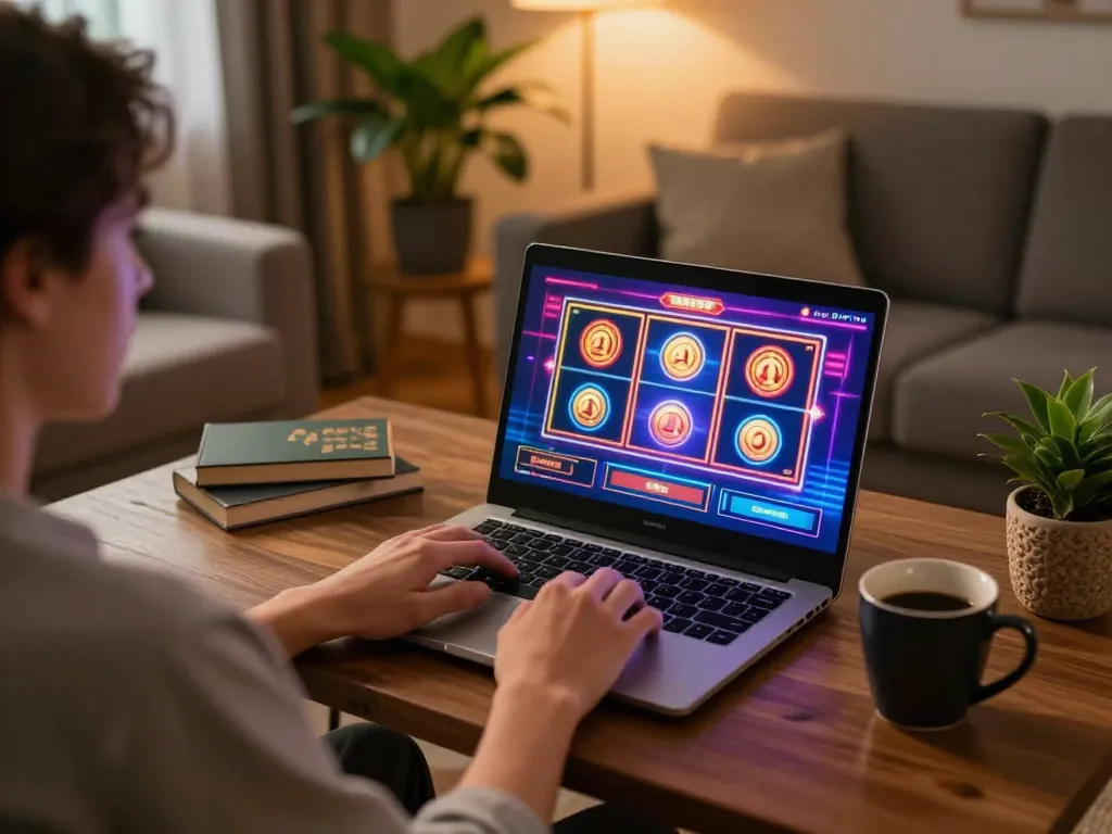 Player enjoys online casino gaming on laptop with vibrant 789 slot graphics in a cozy home.