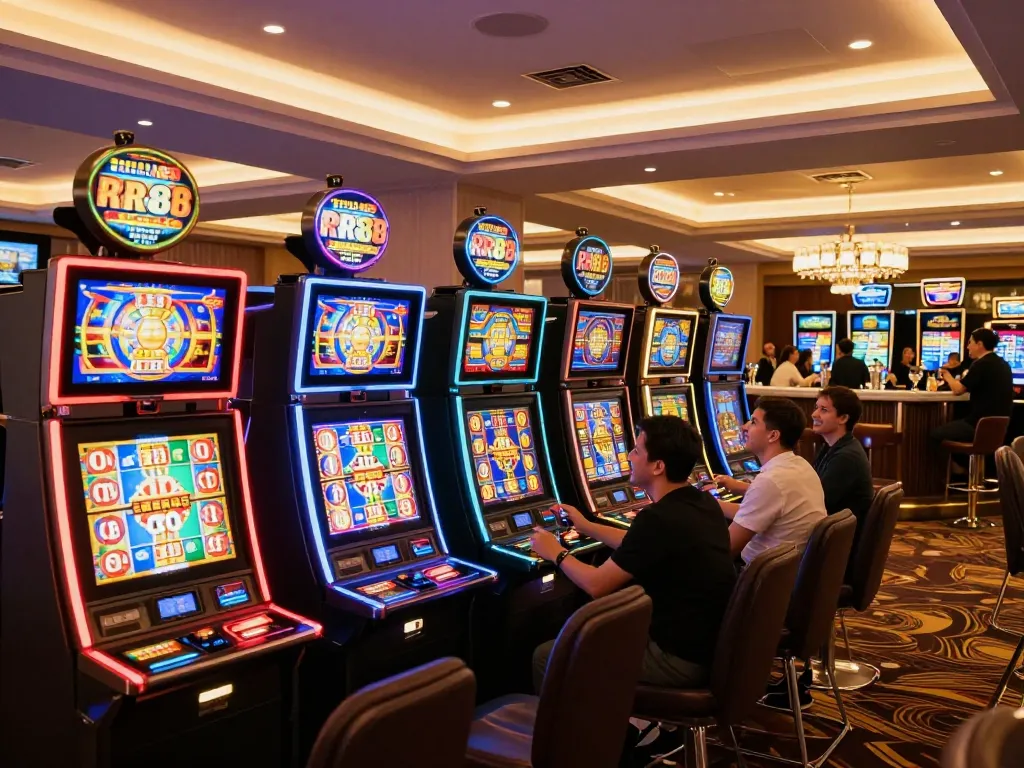 Players enjoying colorful slot machines at RR88 casino, celebrating wins in a vibrant atmosphere.