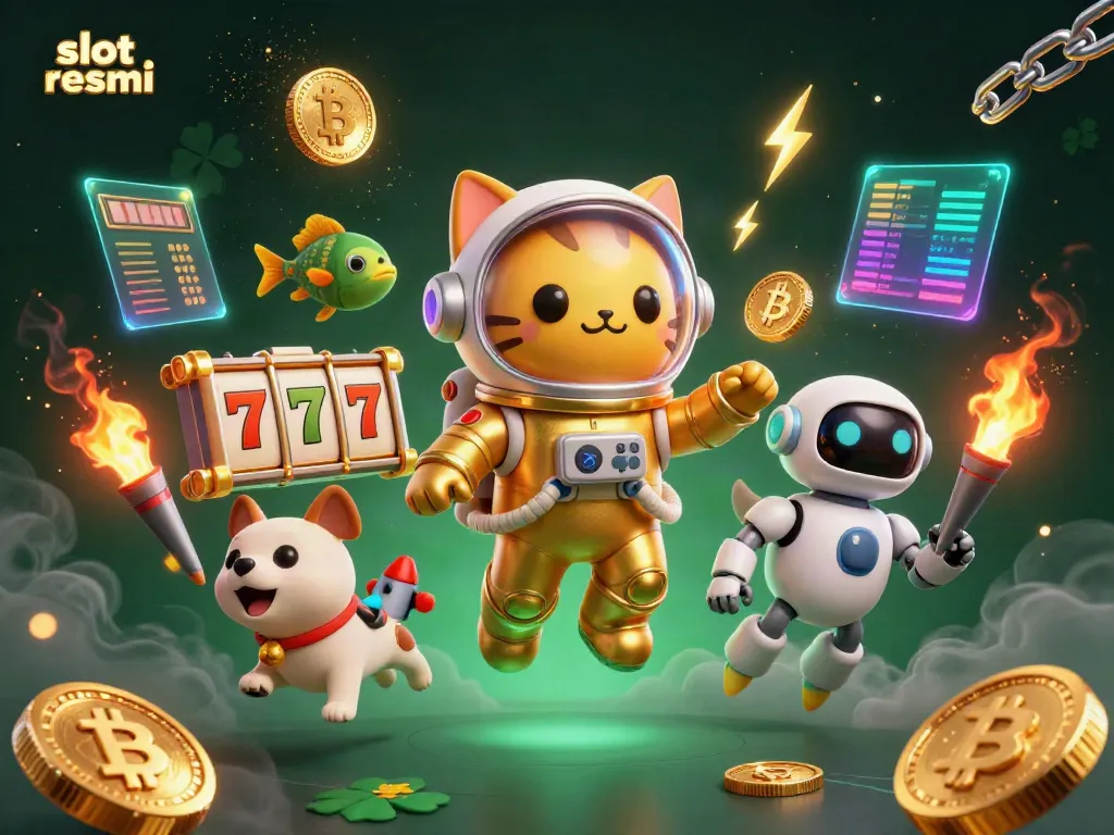 This captivating scene showcases a golden astronaut cat and robot dog exploring a vibrant slot resmi space filled with glowing coins and jackpot symbols.