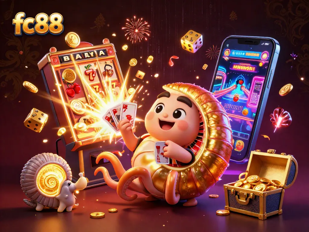 Engage in exciting gameplay at fc88 with a vibrant 3D casino illustration full of dynamic elements.